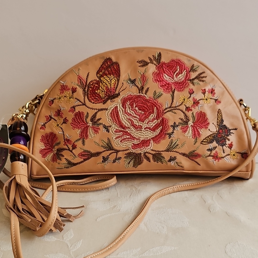 Sharif Embroidered Floral Tan Crossbody Bag